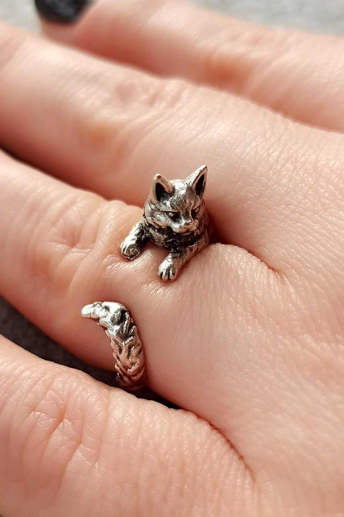 انگشتر زنانه با روکش نقره طرح گربه Fildişi Aksesuar کد.1052